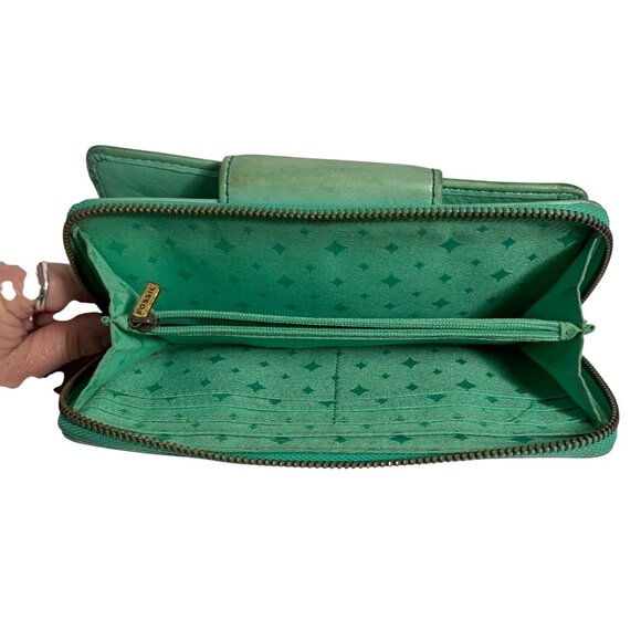 Fossil Explorer Womens Teal Leather Bifold Wallet Zip-Around Clutch Snap Flap - Picture 8 of 9